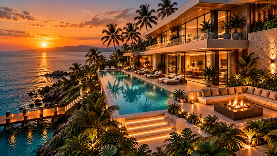 Imagem de origem do imóvel de demonstração: casa de frente para o mar ao pôr do sol, com piscina e lareira externa